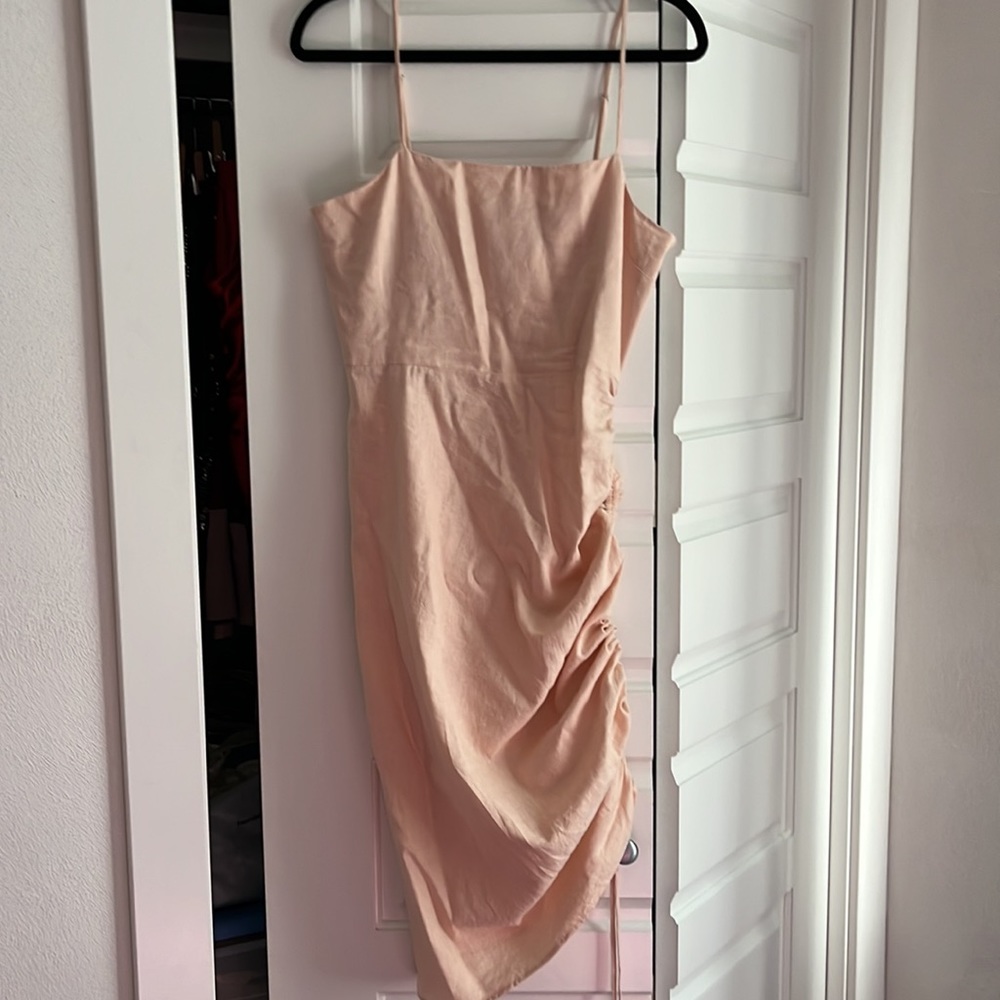 Pink linen bodycon midi dress